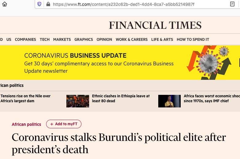 The Financial Times Runs An Article Titled “coronavirus Stalks Burundi’s Political Elite After President’s Death”