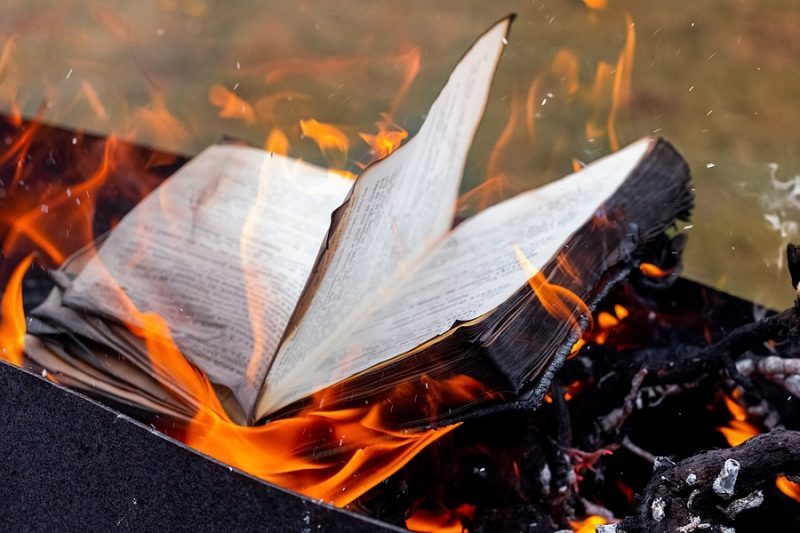 Buchseiten in Flammen.  Brennen von alten unnötigen Büchern