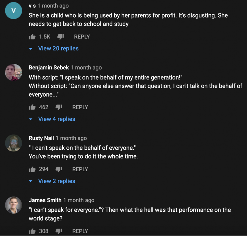 Greta Thunberg Comments YouTube screenshot