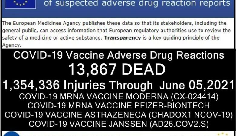 european database of adverse drug reactions for covid 19 shots 13,867 dead and 1,354,336 injuries